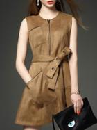 Romwe Coffee Round Neck Sleeveless Tie-waist Dress