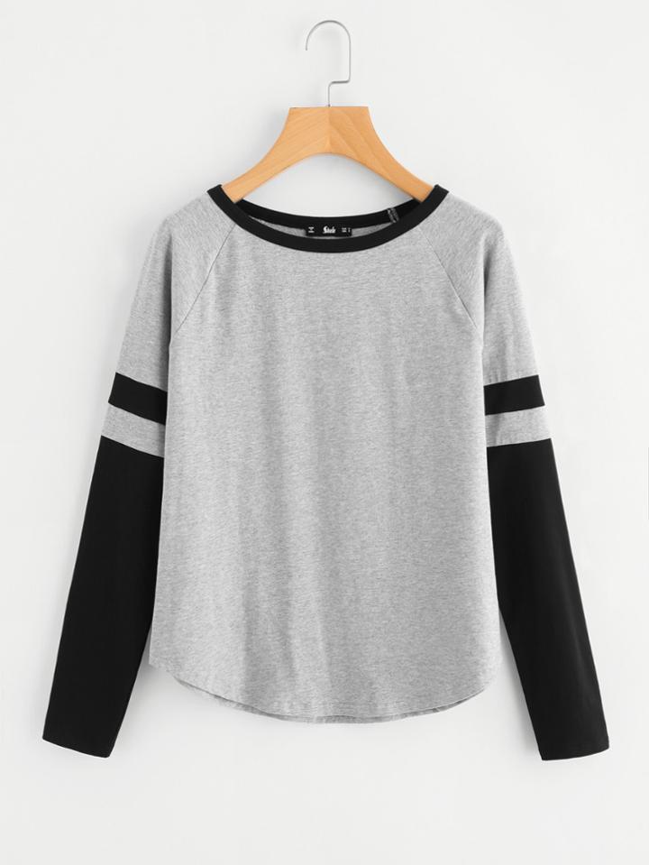 Romwe Two Tone Raglan Sleeve Curved Hem Top
