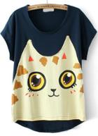 Romwe Navy Short Sleeve Cat Print T-shirt