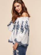 Romwe Embroidered Scallop Trim Off The Shoulder Blouse