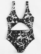 Romwe Marble Print Knot Front Bikini Set