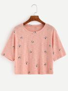 Romwe Pink Dog Print Crop T-shirt