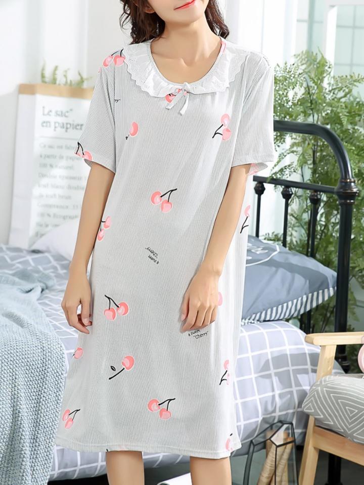 Romwe Cherry Print Striped Night Dress