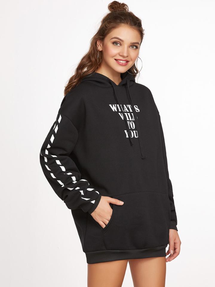 Romwe Black Slogan Print Drop Shoulder Hooded Sweatshirt Dress