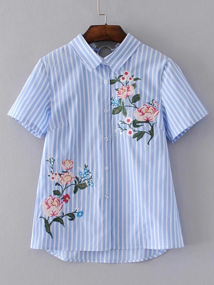 Romwe Vertical Striped Embroidery Ring Back Blouse