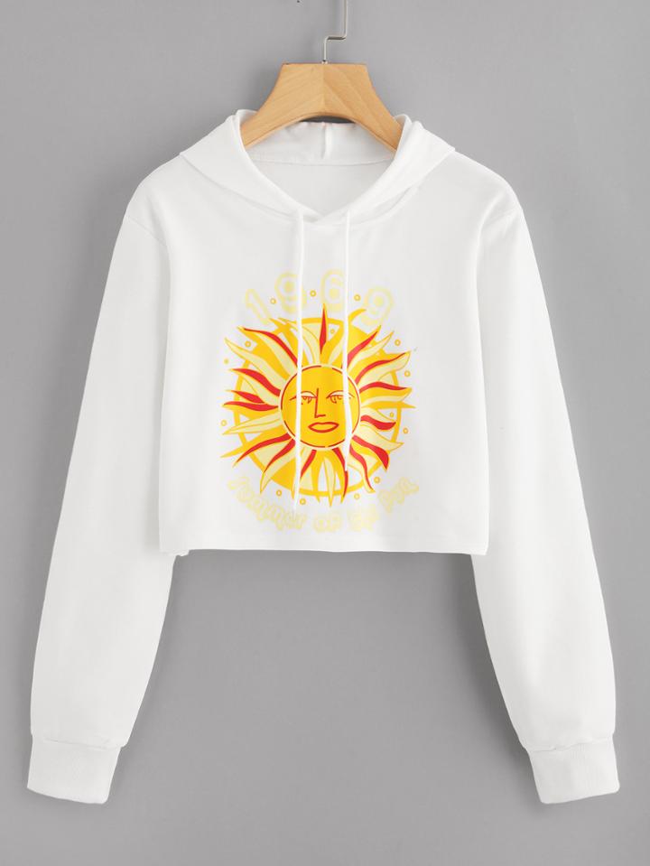 Romwe Sun Print Crop Hoodie