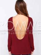 Romwe Wine Red Long Sleeve Backless T-shirt