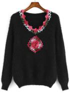 Romwe Flower Crochet Fuzzy Black Sweater