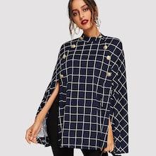 Romwe Mock Neck Double Button Grid Poncho Coat