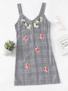 Romwe Floral Embroidered Plaid Pinafore Dress