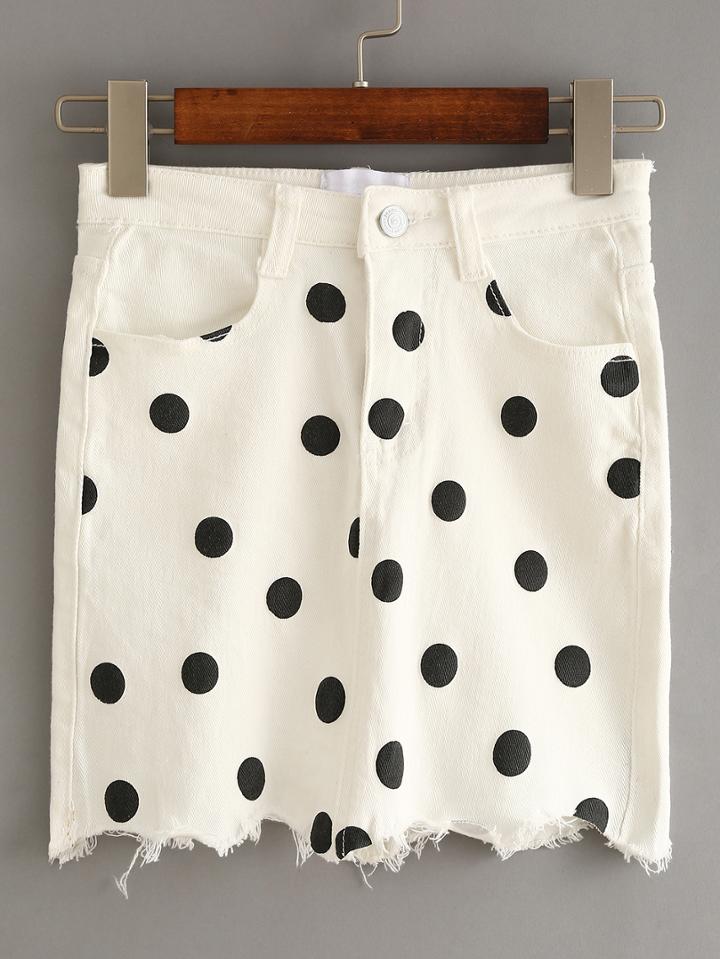 Romwe White Polka Dot Fringe Denim Skirt
