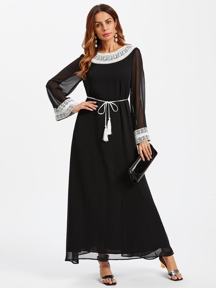 Romwe Lace Applique Tasseled Waist Hijab Dress