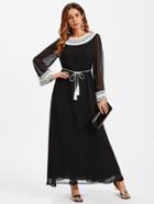 Romwe Lace Applique Tasseled Waist Hijab Dress