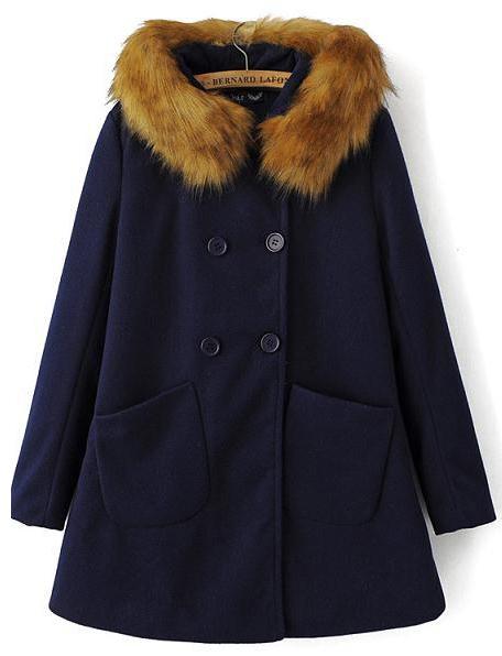 Romwe Navy Double Breasted Fur Hooded Coat