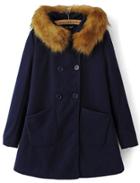 Romwe Navy Double Breasted Fur Hooded Coat