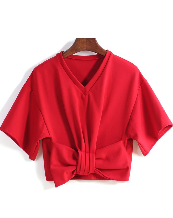 Romwe V Neck With Bow Crop Red Blouse