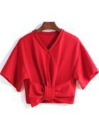 Romwe V Neck With Bow Crop Red Blouse