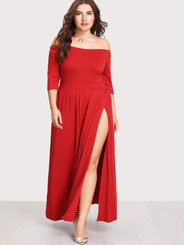 Romwe Off Shoulder Pleated Split Dress