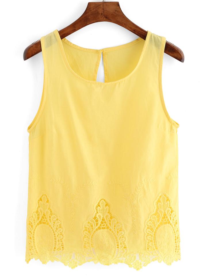 Romwe Lace Crochet Yellow Tank Top