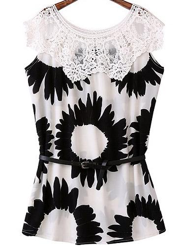 Romwe Contrast Lace Sunflower Print Dress