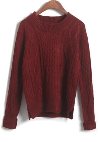 Romwe Wine Red Long Sleeve Diamond Patterned Dipped Hem Sweater