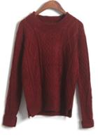 Romwe Wine Red Long Sleeve Diamond Patterned Dipped Hem Sweater