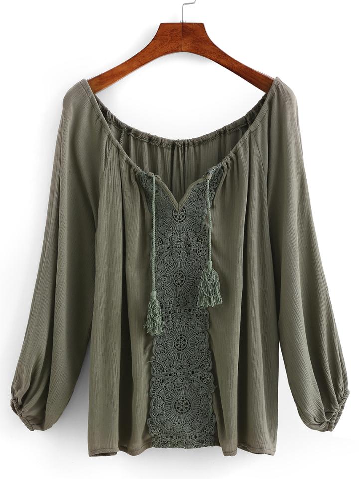 Romwe Tassel Tie-neck Crochet Insert Blouse