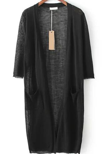 Romwe Three Quarter Length Sleeve With Pockets Black Cardigan