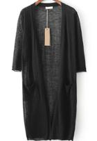 Romwe Three Quarter Length Sleeve With Pockets Black Cardigan