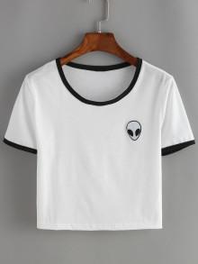 Romwe Contrast Trim Alien Print Crop Tee