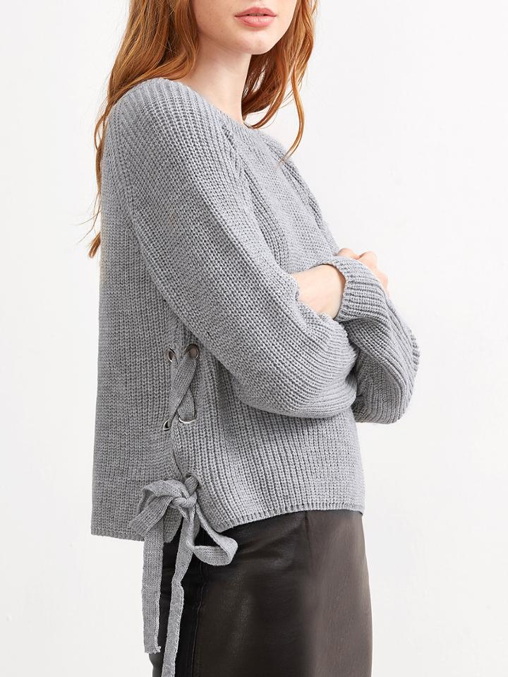 Romwe Grey Eyelet Lace Up Side Loose Sweater