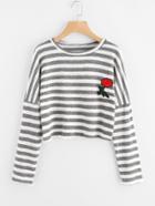 Romwe Rose Embroidered Patch Striped Knit Sweater