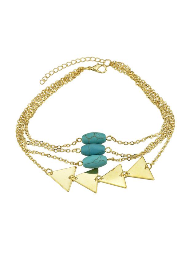 Romwe Gold Multi Layers Bangles Chain With Blue Beads Triangle Shape Arm Bracelets