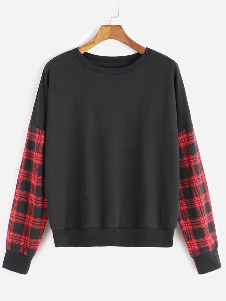 Romwe Black Drop Shoulder Plaid Sleeve Sweatshirt