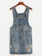 Romwe Buttoned Front Distressed Overall Denim Dress - Blue