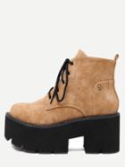 Romwe Brown Faux Leather Round Toe Lace Up Platform Boots