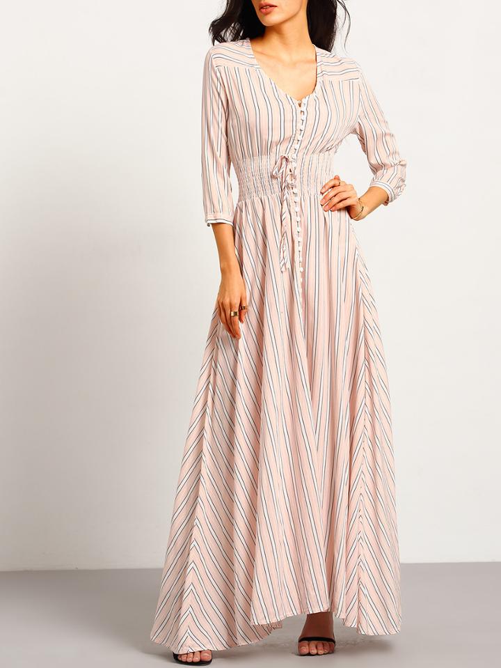 Romwe Pink V Neck Striped Split Maxi Dress