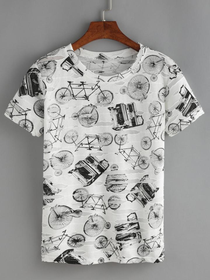 Romwe Bicycle Print T-shirt