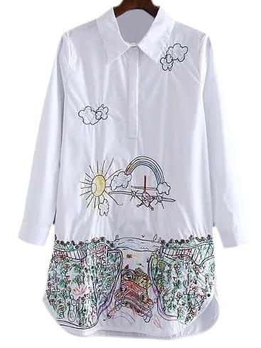 Romwe White Long Sleeve Cartoon Embroidery Blouse