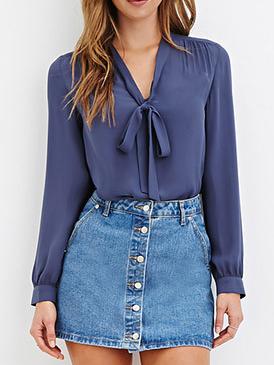 Romwe V Neck Bow Chiffon Blue Blouse