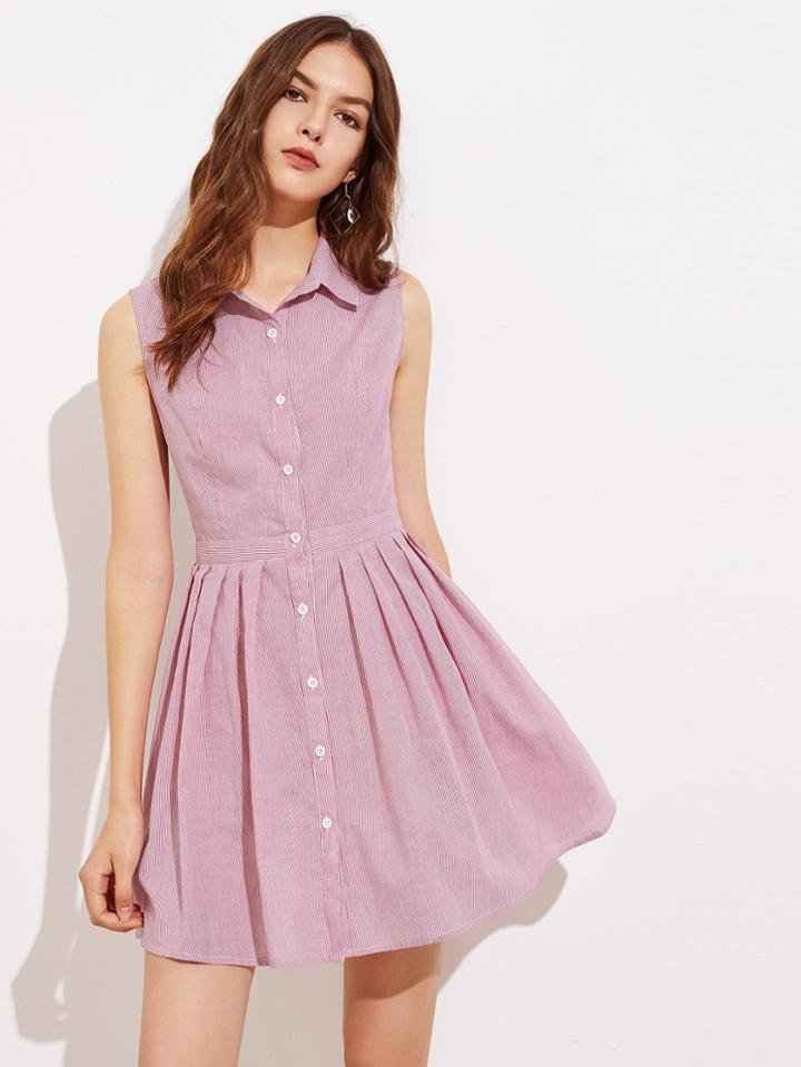 Romwe Box Pleated Fit & Flare Shirt Dress