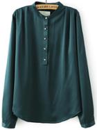 Romwe Stand Collar Dark Green Blouse With Buttons