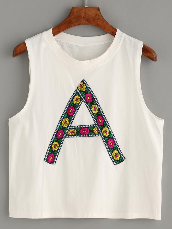 Romwe Embroidered Tape Detail Tank Top