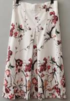 Romwe White Floral Pleated Skirt