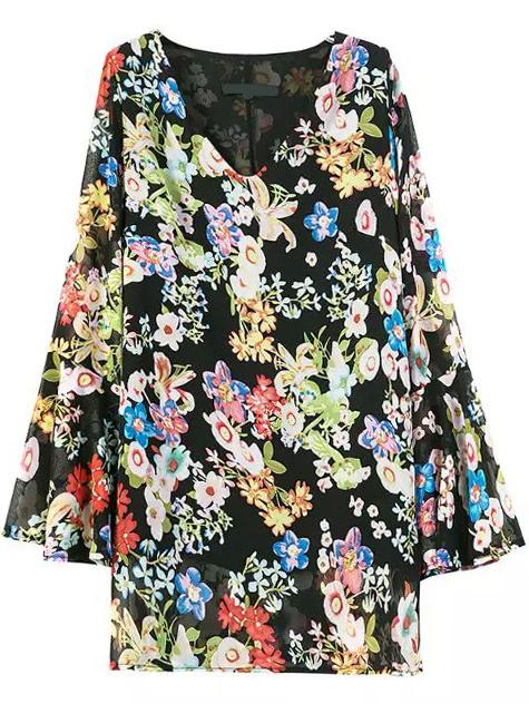 Romwe V Neck Bell Sleeve Florals Chiffon Shift Dress