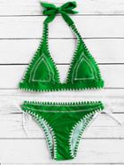 Romwe Crochet Trim Side Tie Halter Bikini Set