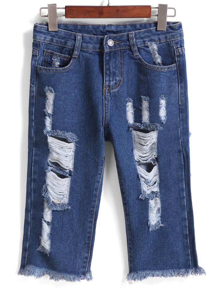 Romwe Ripped Fringe Slim Denim Blue Shorts