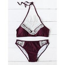 Romwe Lace Crochet Halter Top With Bikini Set