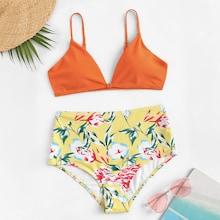 Romwe Random Floral Criss Cross High Waist Bikini Set
