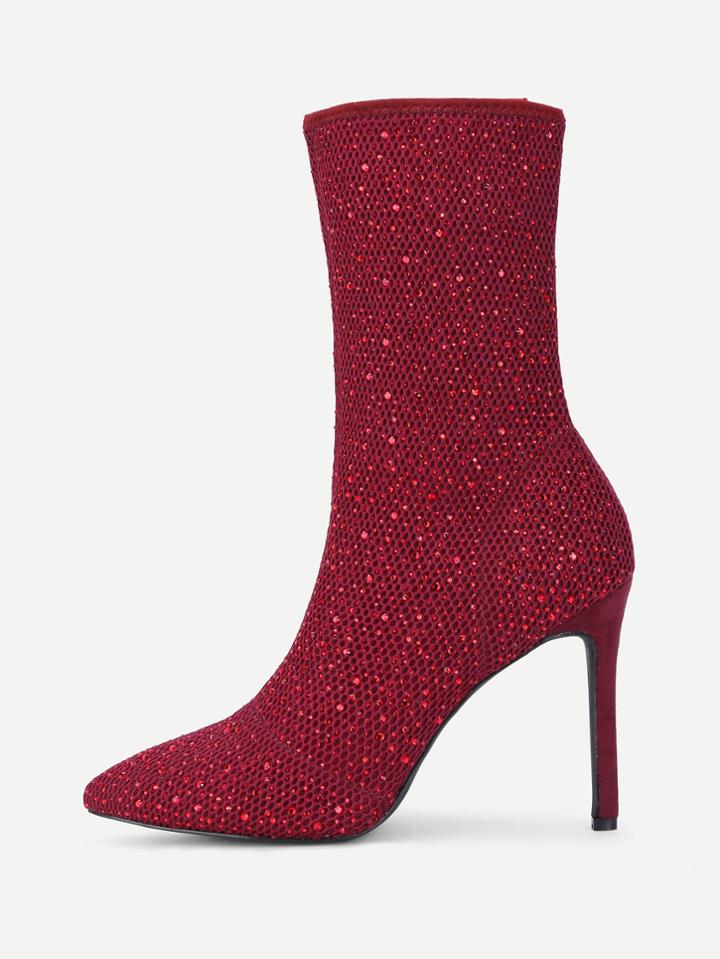 Romwe Rhinestone Detail Net Stiletto Boots
